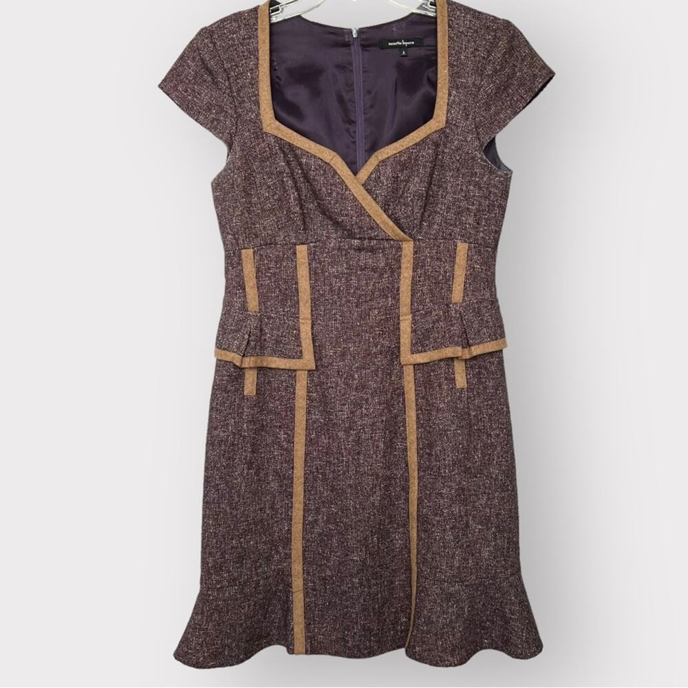 Nanette Lepore Purple and Tan Tweed Wool Dress  Cap Sleeves Size‎ 8 office